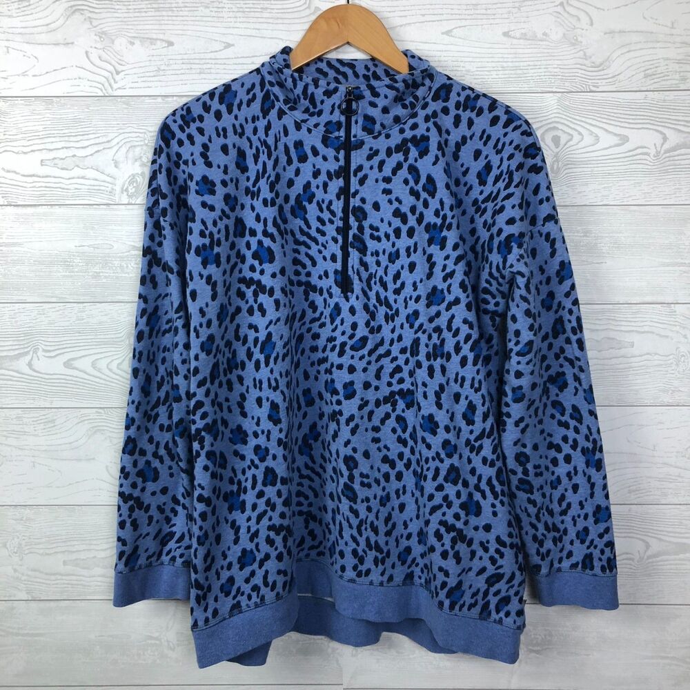 T by Talbot's Women's Large Leopard Print Long Sleeve Quarter Zip Pullover Blue